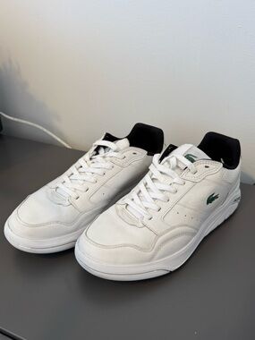 Lacoste White Leather Sneakers with Black Collar and Green Logo